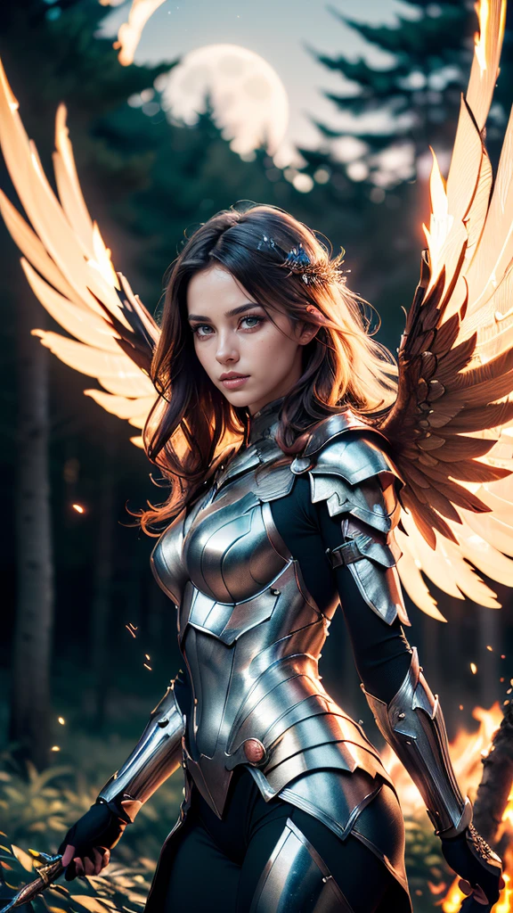 (masterpiece, best quality, highres:1.2), (photorealistic:1.2), (Realistic skin texture:1.4), (film grain:1.3), (detailed light:1.2), (dynamic angle), raw photo, (1 young cute fire fairy), skinny, french bob copper hair, silver eyes, in high detailed copper light armor, (reflective, intricated), big detailed fire wings, , chromatic aberration, colorful, bright colors, (dynamic pose), moonlight passing through hair, (enchanted forest background:1.3), (sharp), exposure blend, bokeh, (hdr:1.4), high contrast, (muted colors, dim colors, soothing tones:1.3), low saturation, morbid