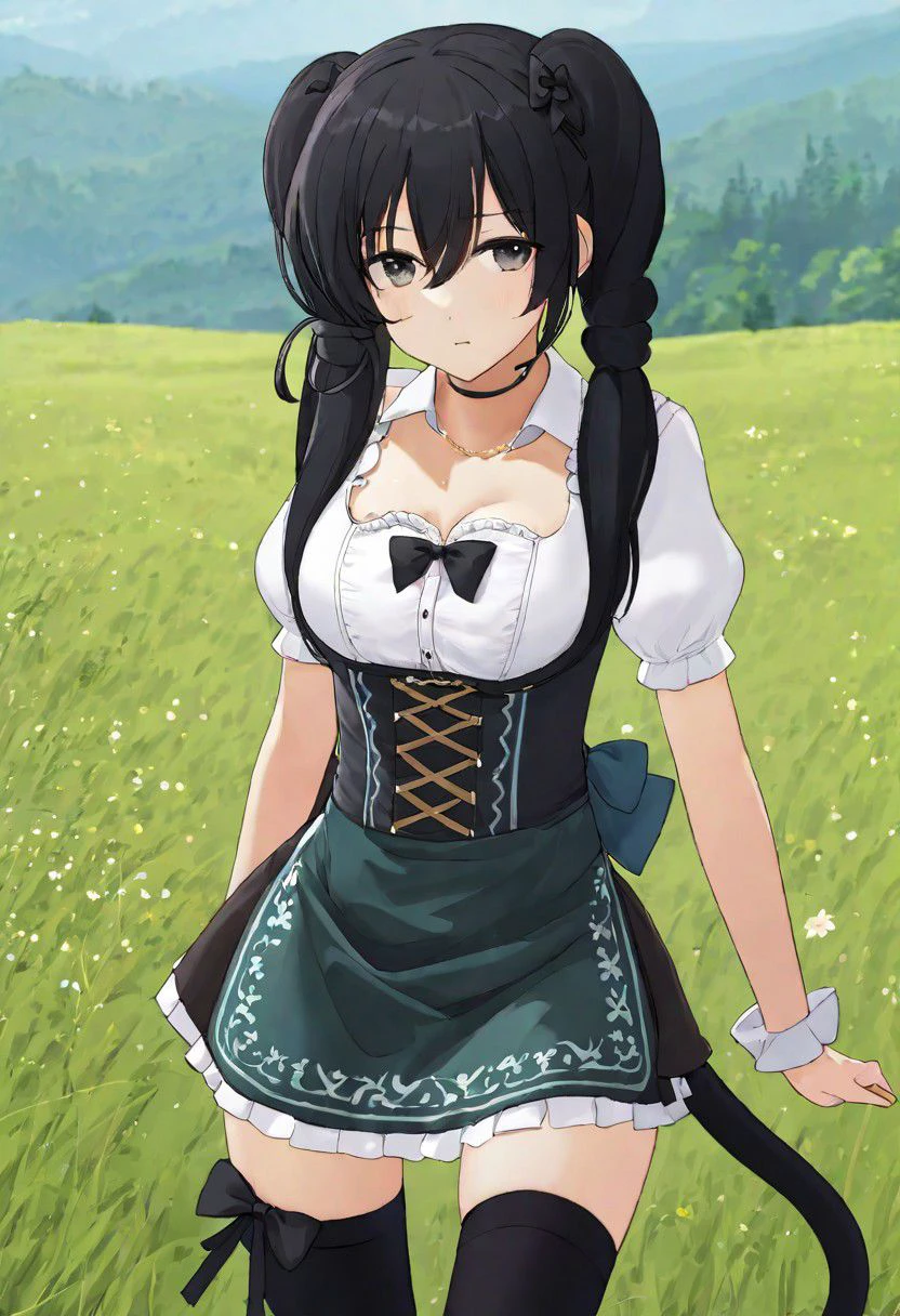 dirndl, jewelry, outdoors, white shirt, bow, twintails, black hair, tail, closed mouth, shirt, thighhighs