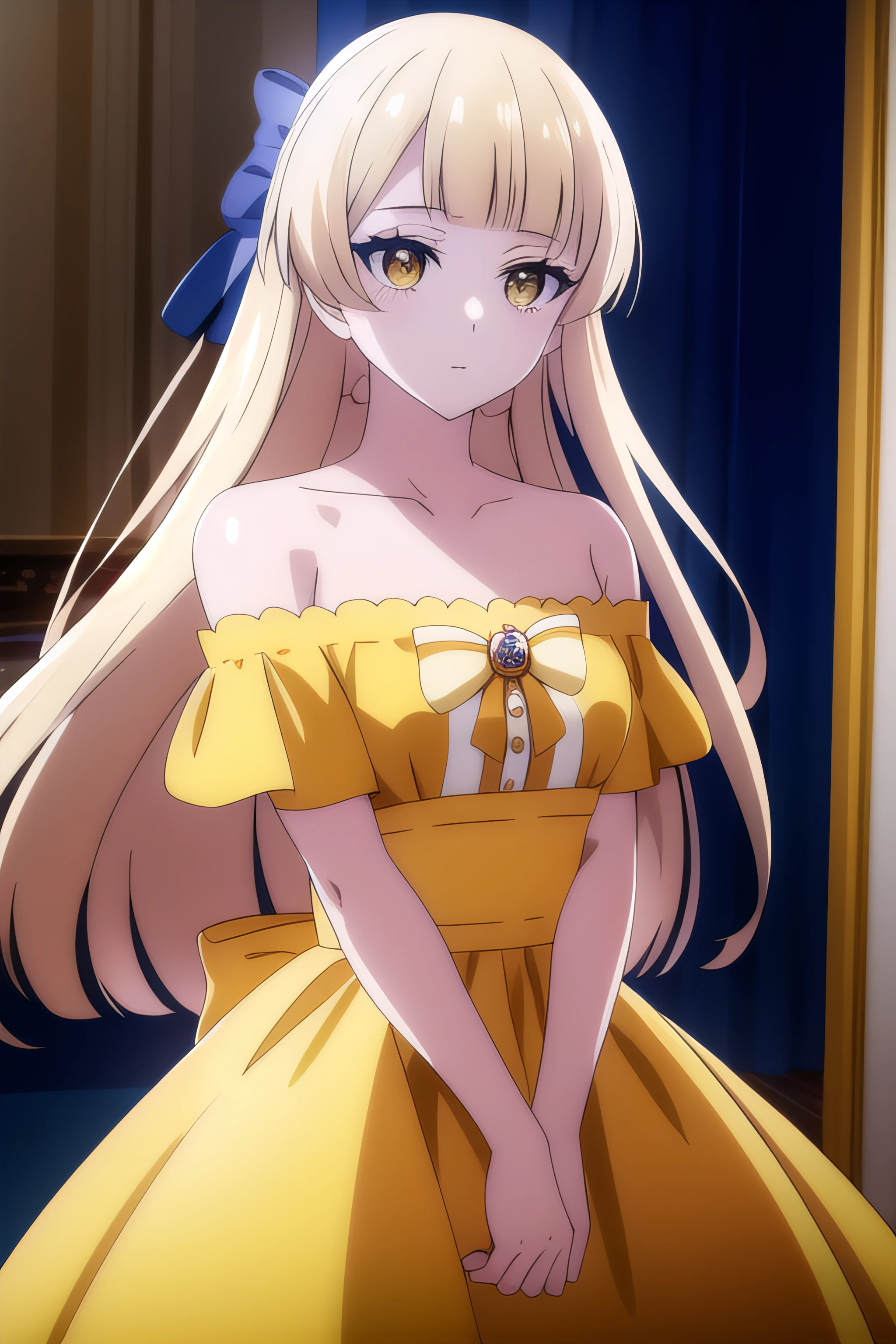 <lora:tiara_royal_ivy_V2:1>, tiara royal ivy, blonde hair, long hair, blunt bangs, yellow eyes, dress, bare shoulders, hair bow, hair flower, cowboy shot,, (((masterpiece, best quality, ultra-detailed, ray tracing))), deph of field, (perfect face, detailed face),shiny eyes, fair skin,((high quality face, soft skin )), (collarbone, cinematic light, cinematic shadow),