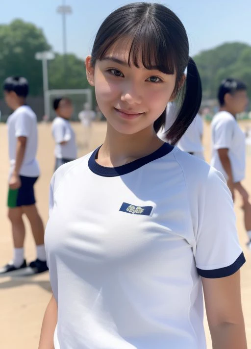 Bangs hide eyebrows、Yellow Hairband、Hair to the shoulders、a junior high school student、a beauty girl、thin lipss、Smaller chest、White gym clothes、Black bloomers