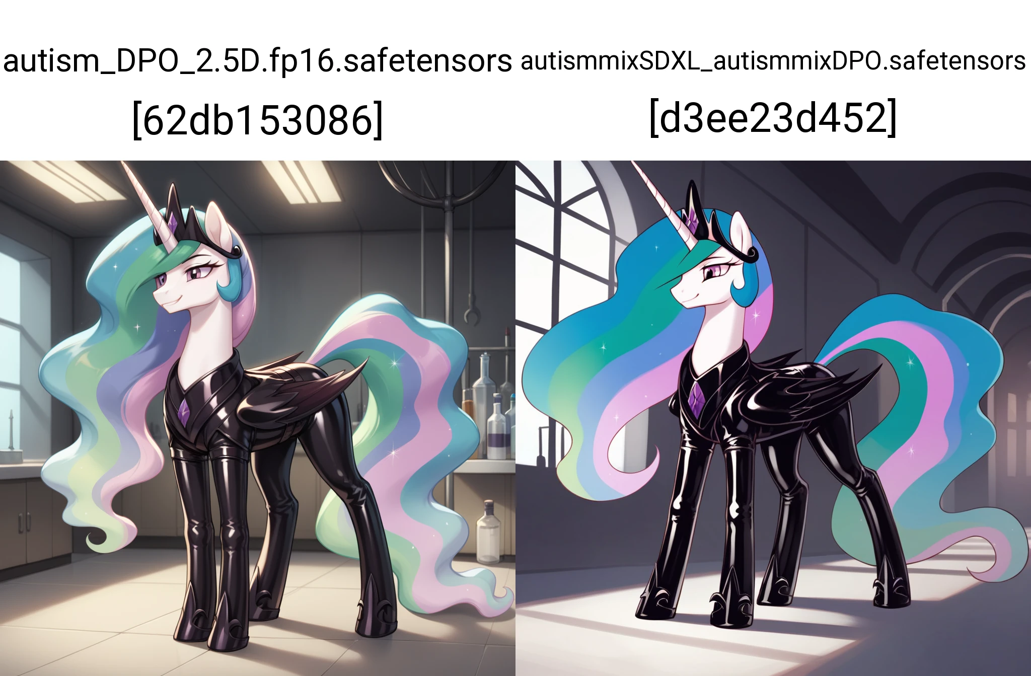 score_9, score_8_up, score_7_up, source_anime, solo, BREAK
princess celestia, feral pony, corrupted, latex armor, dark armor, standing, cruel smile, fallen to evil,
indoors, laboratory