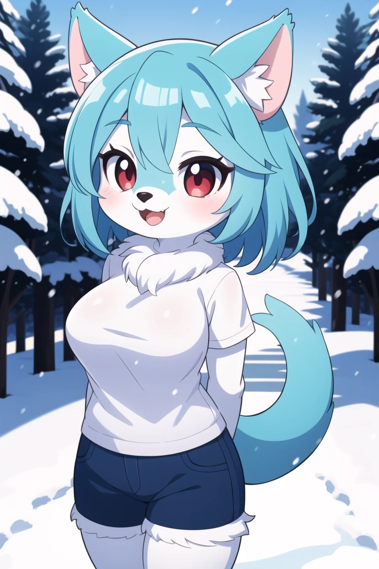 ​masterpiece, best quality, extremely detail, anime-style, 1 girl, young, lovable, (furry:1.4), (White skin:1.05), medium length hair, Blue hair, red eye, (white fur:1.18), (blue fur:1.02), Frost Beast, (big boobs:0.76),outside, Snow Path, warm colors, pretty face, Happy,naked, NUDE, bare chest,black pubic hair, thicker black public hair