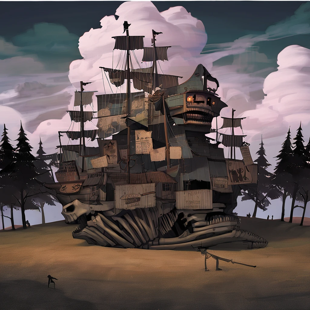 <lora:xl_Alice Madness Returns_a3:1>,Alice: Madness Returns style, scenery, skeleton, 1girl, solo, tree, building, sign, sky, cloud, watercraft, surreal