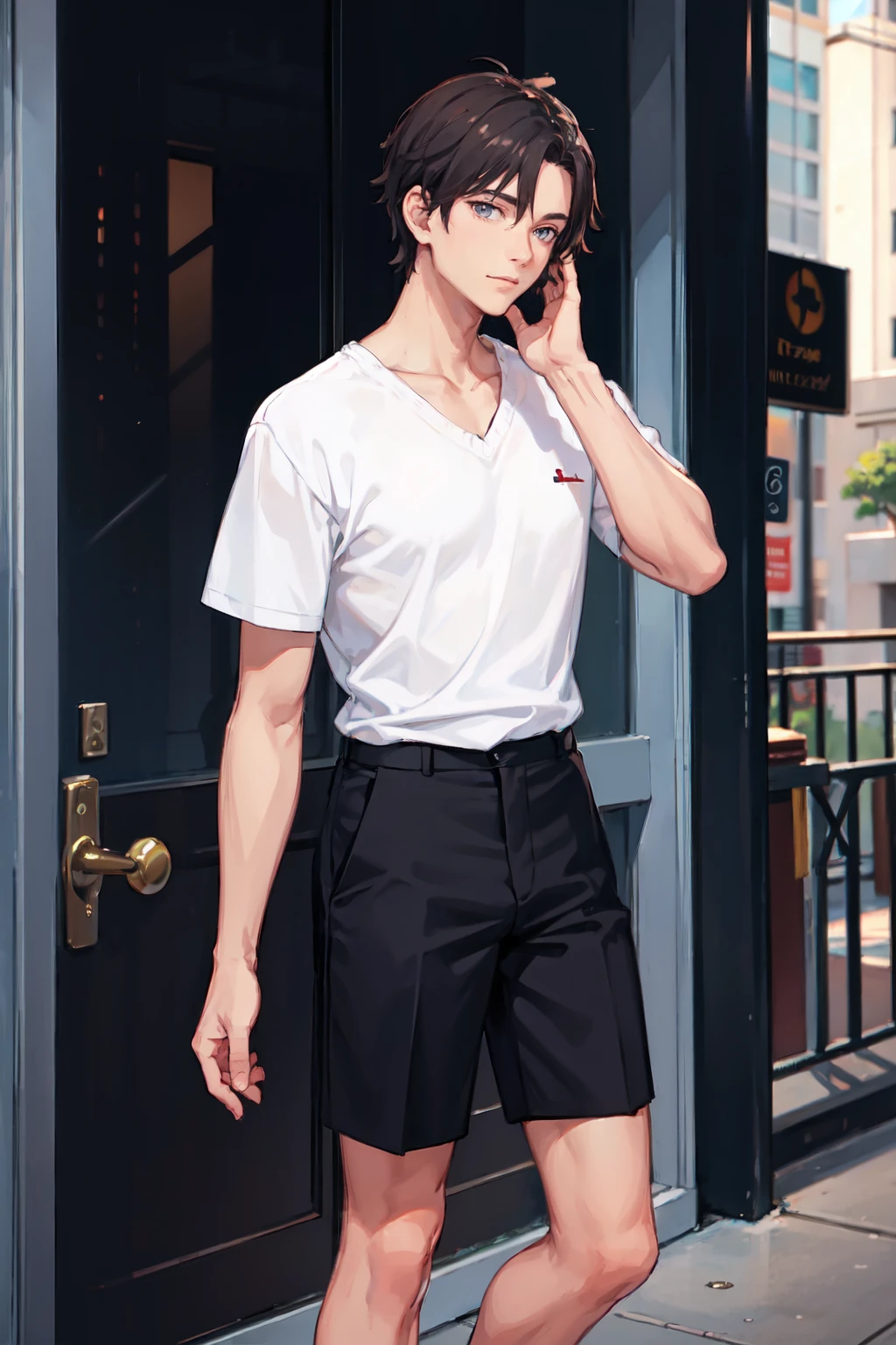 a man wearing V-neck sweater and tailored shorts, city center <lora:fic-edgar:1>