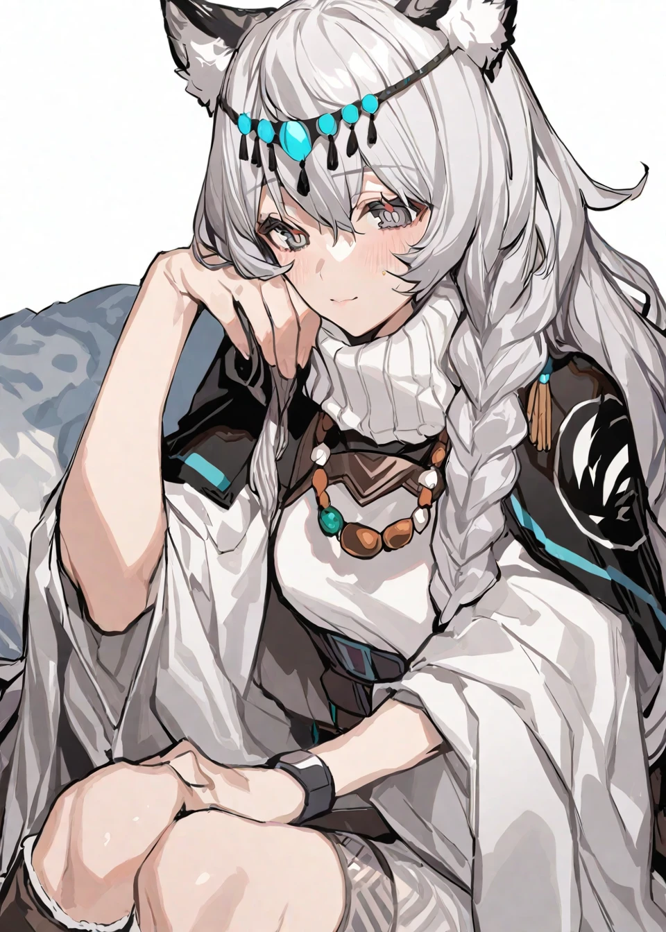 The image portrays a detailed illustration of a young girl with long,silver hair. She wears a headband with turquoise gemstones and has braided hair. The girl is adorned with a silver necklace and a fringe that complements her braid. Her eyes are a striking shade of grey. She is seen resting her chin on her hand,with a contemplative expression. The background is simple and white,emphasizing the character. The image also contains a watermark or username 'EOI' at the bottom left.,
<lora:pramanix:1>,, masterpiece, best quality,