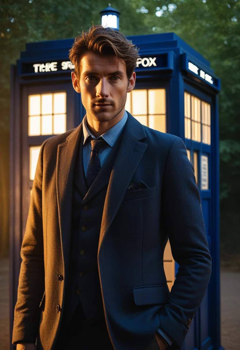 full-body shot of beautiful english man, near a TARDIS, (RAW, analog, Nikon Z 85mm, award winning photograph, ((best quality)), ((masterpiece)), ((realistic)), radiant light rays, highres, detailed facial features, high detail, sharp focus, smooth, aesthetic, extremely detailed, extremely detailed eyes, extremely detailed body, extremely detailed skin