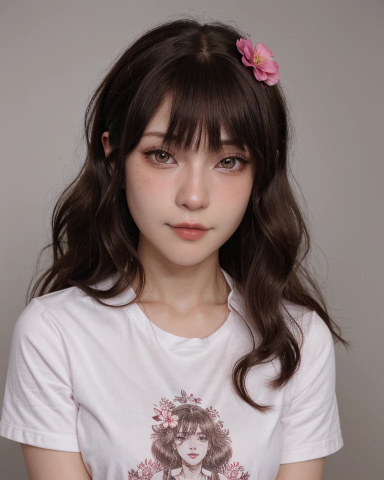 yujikoi, a woman, ((extremely detailed face)), modern clothes, T-shirt, floral t-shirt, messy hair, wavy hair, bangs,