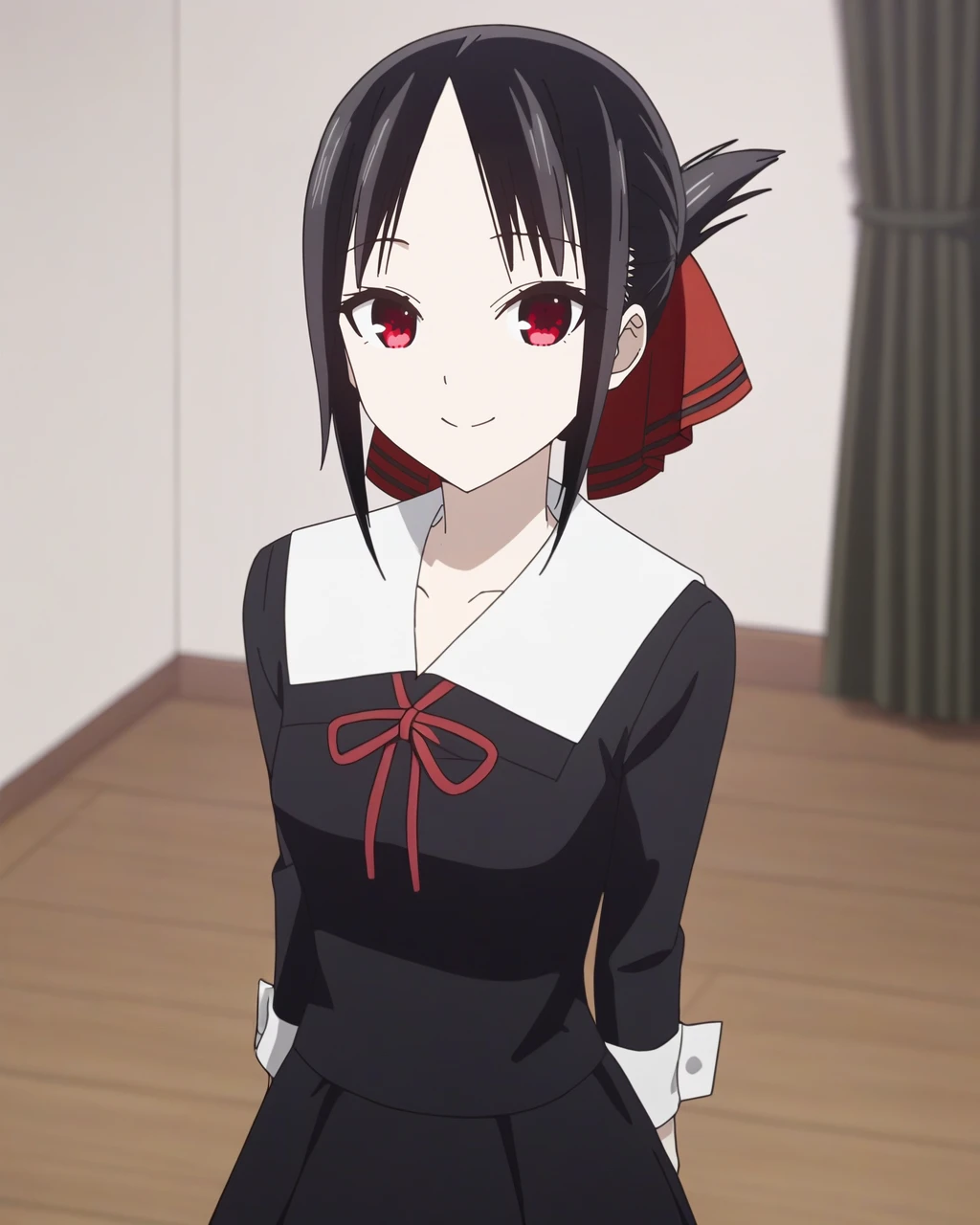 best quality, (masterpiece:1.2), detailed,
Shinomiya Kaguya,
1 girl, alone, Keep your mouth shut, faint smile,
black hair, red eyes, short hair, folded ponytail, Headband,
Uniforms, black skirt, long sleeves, red belt,
Permanently installed, looking at the audience,
classroom