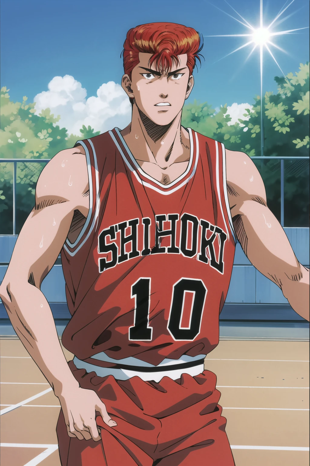 masterpiece,best quality,highres,<lora:Sakuragi Hanamichi1:0.7>,Sakuragi Hanamichi1,1boy,solo,cowboy shot,red hair,pompadour,basketball court,looking at viewer,basketball uniform,outdoors,sunlight,sweat,sunlight,