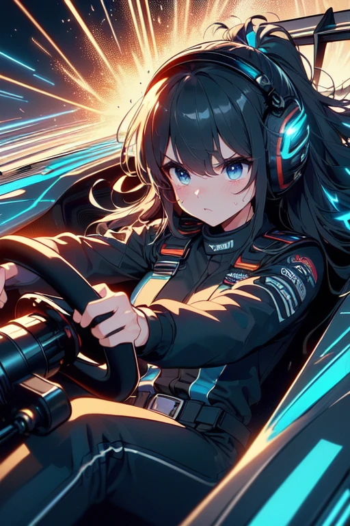 (((masterpiece))), (((best quality))), (((driving a formula racing))), ((fingers on (steering wheel))), sitting on cockpit, sharp eyes, helmet, ((black jacket)), (((blue uniform)), ((speed lines)), ((electric current)), ((spiral wind)), ((neon lights)), ((dust)), ((spark)), ((shards)), 1girl, big tits, black longhair, sweat, slim figure, big turn,<lora:girllikeformularacing_v20:1>