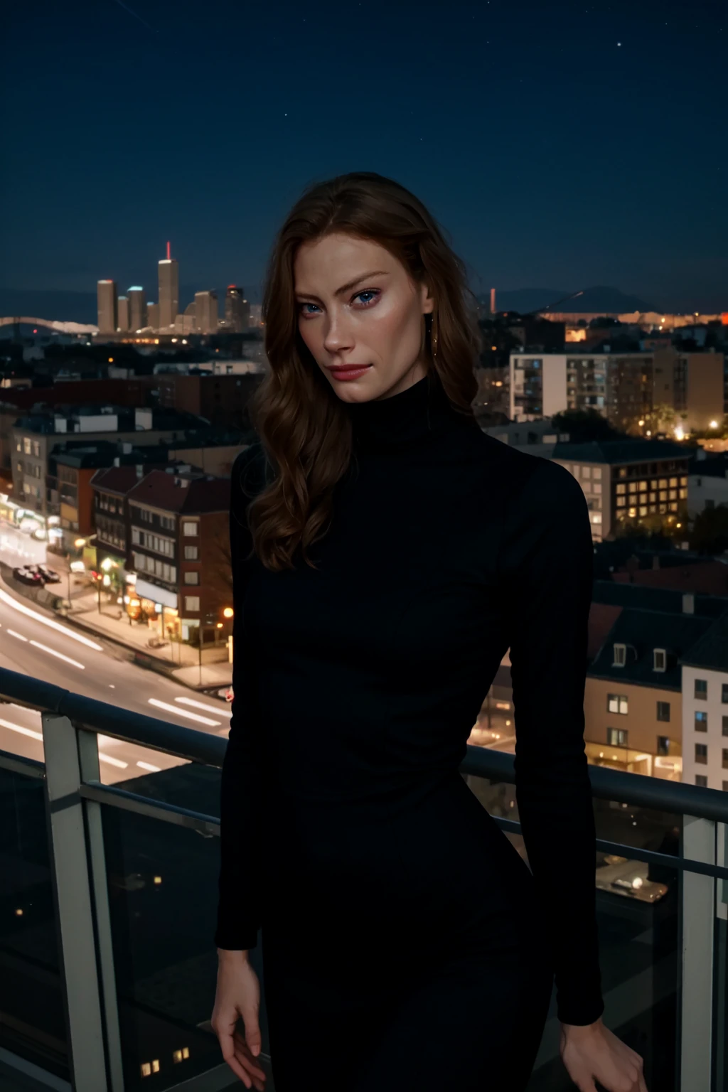 <lora:mondongo_LoRA_AlyssaSutherland:1> mndngwmn, wearing a turtleneck bodycon dress, on a balcony at night with city on background, (ultra realistic, 8k,high quality)