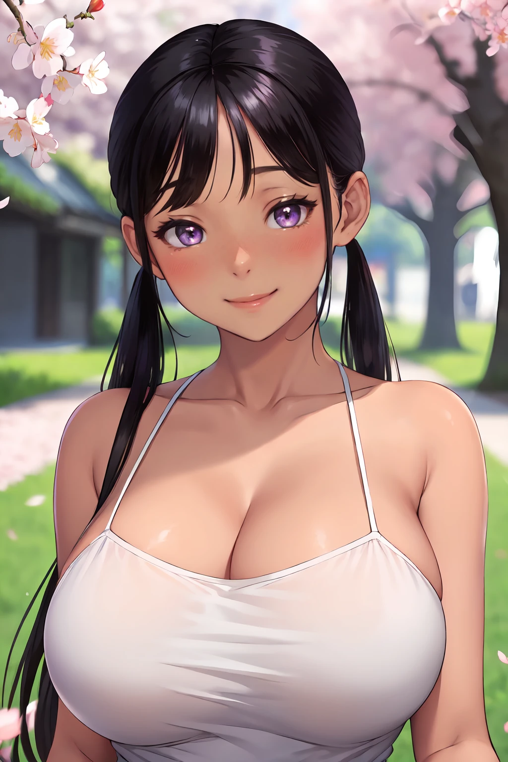 masterpiece, best quality, highres, absurdres, <lora:konomiV2_lora:0.6>, 1girl, looking at viewer, dark skin, purple eyes, long hair, black hair, twintails, swept bangs, huge breasts, white camisole, upper body, blush, smile, outdoors, nature, cherry blossoms