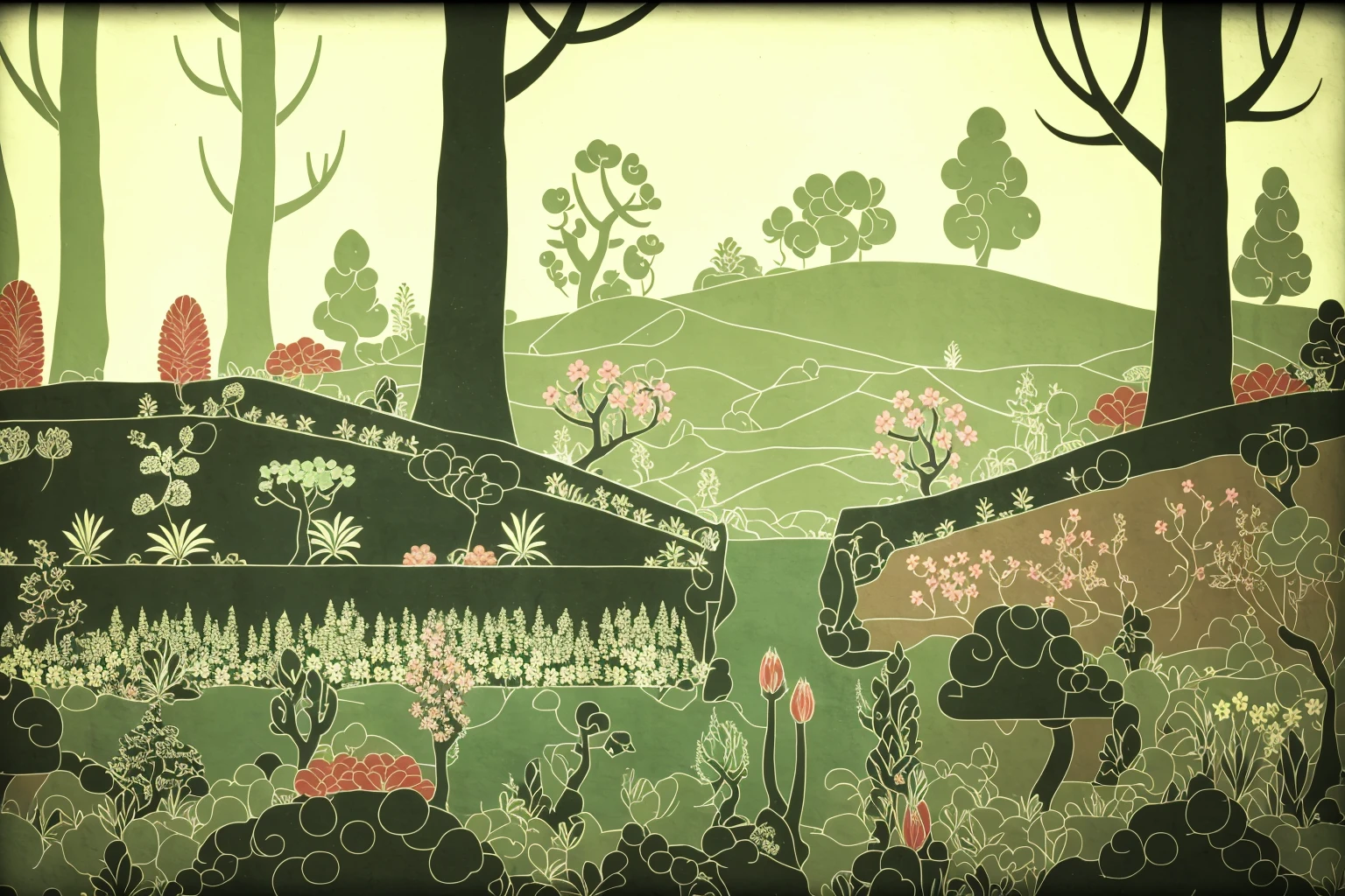 masterpiece, ultra-detailed, best quality, illustration, 8k cg wallpaper, an extremely delicate and beautiful, stunning landscape, forest, trees, bushes, flowers, grass, intricately detailed items in background, <lora:Apotheon:1>