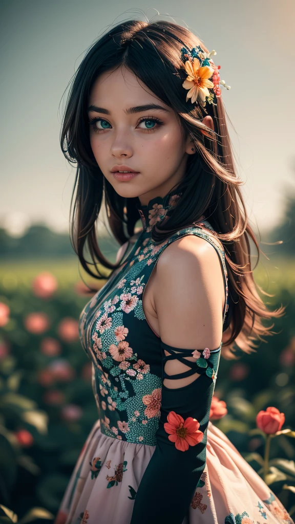 1 young cute girl, flower dress, colorful, dark background, flower armor, green theme, exposure blend, upper body shot, bokeh, (hdr:1.4), high contrast, (cinematic, teal and orange:0.85), (muted colors, dim colors, soothing tones:1.3), low saturation, morbid