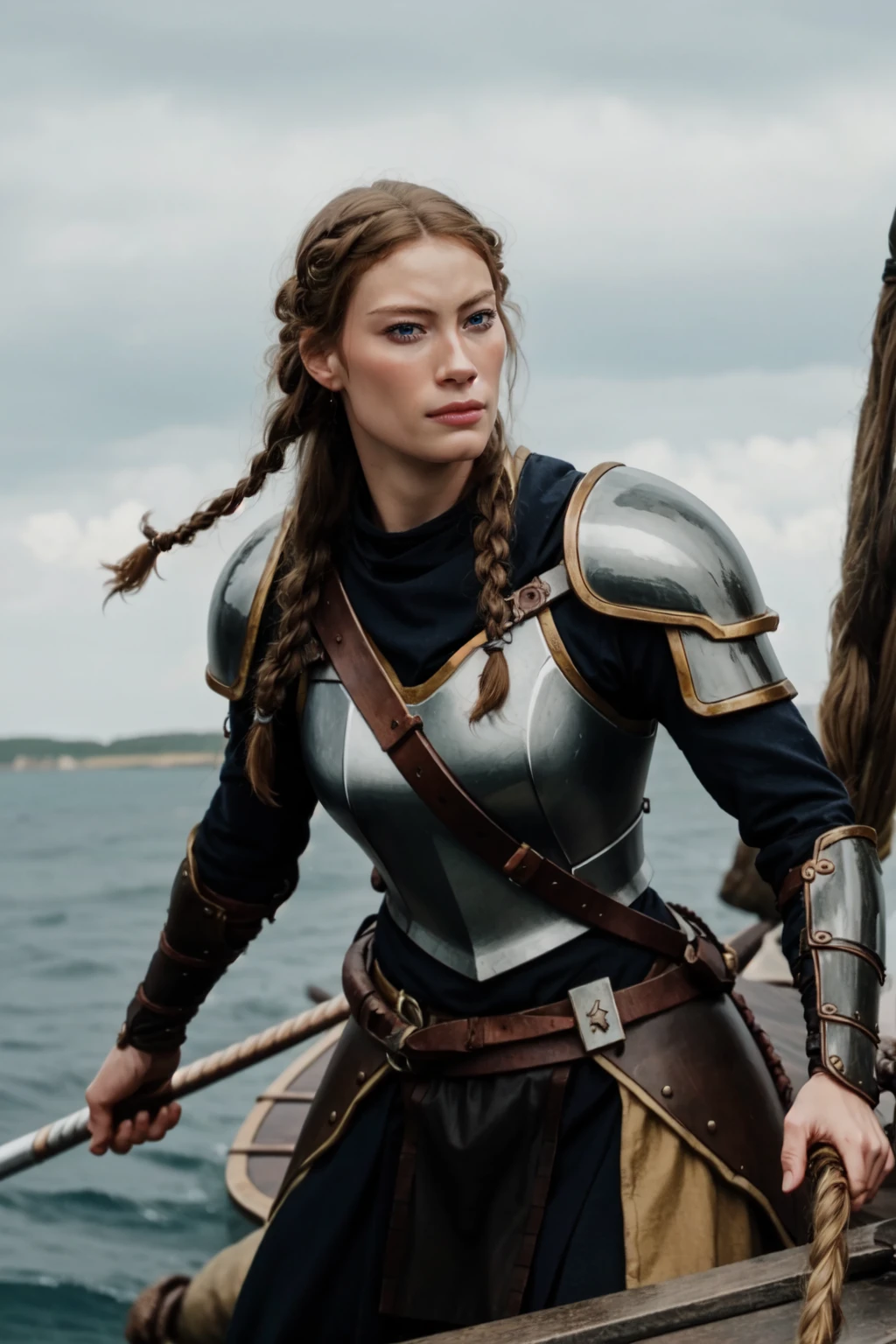 <lora:mondongo_LoRA_RaggaRagnars:1> mndngwmn, wearing a viking leather armor, leather pauldrons, on a longboat, braids, (ultra realistic, 8k,high quality), above the waist photo