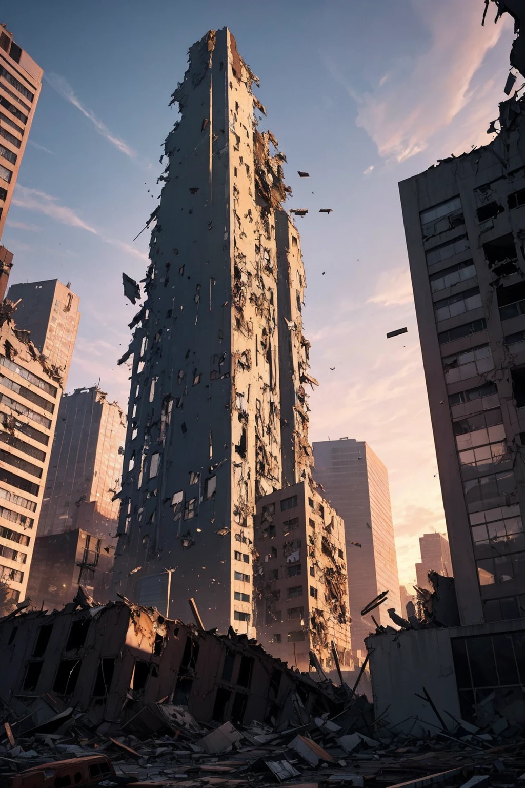 a frame of a animated film of a destroyed skyscraper at dusk