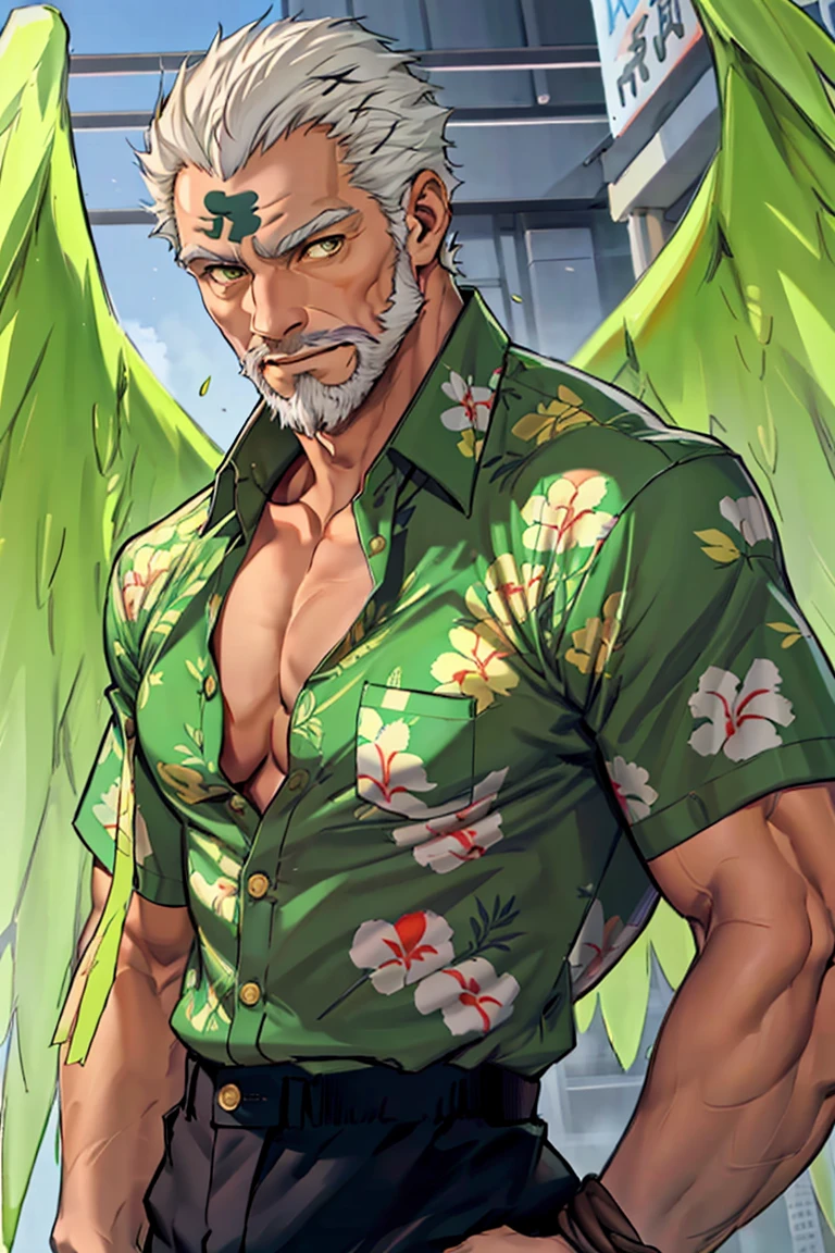 (1 image only),  solo male,  bara,  Hogen,  Tokyo Afterschool Summoners,  Asain,  Japanese,  Tengu,  old man,  white hair,  short hair,  gold eyes,  thick eyebrows,  white facial hair,  white beard,  bare forehead,  tengu-geta,  (untucked  shirt:1.5),  (green hawaiian shirt,  partially unbuttoned shirt),  black pants,  mature,  handsome,  charming,  alluring,  standing,  upper body in frame,  perfect anatomy,  perfect proportions,  2D,  anime,  (best quality,  masterpiece),  (perfect eyes,  perfect eye pupil),  high_resolution,  dutch angle,  Tokyo city street,  better_hands,  green wings,<lora:EMS-293762-EMS:0.700000>