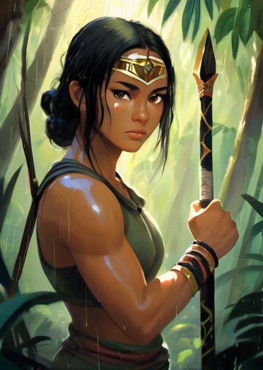 In the heart of the dense jungle, an Amazon warrior with sai, details, showcasing the warrior's resilience in the wilderness, Soft morning sunlight filters through the jungle canopy, highlighting the strength and determination in her eyes, the warrior in a portrait style, emphasizing her connection to the untamed nature that surrounds her, heavy rain, dynanic pose