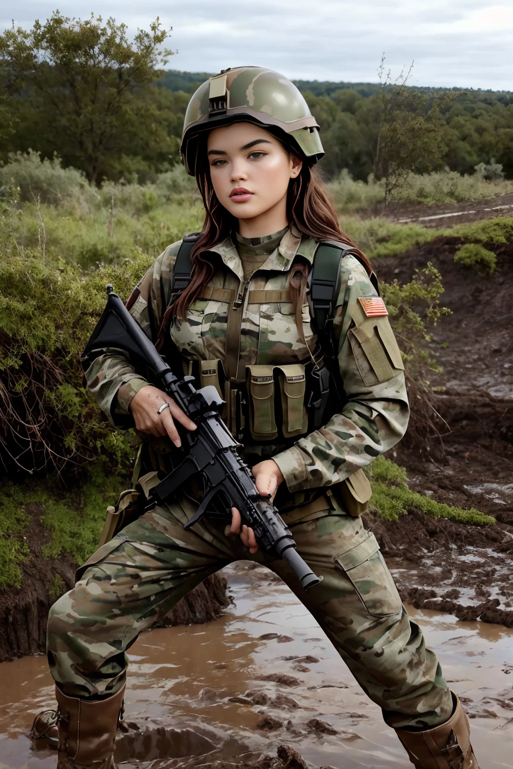 best quality, masterpiece, portrait of <lora:opt-parisberelc2020s:1>opt-parisberelc2020s, holding an m16 rifle, dressed in camouflage military fatigues and helmet, muddy, on muddy battlefield