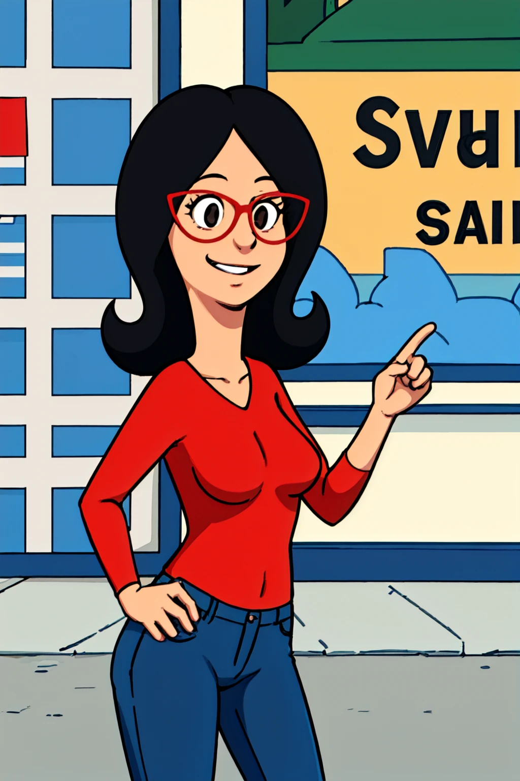 linda, 1girl, black hair, solo, glasses, red-framed eyewear, smile, red shirt, looking at viewer, jeans, black eyes,smile, hand on hip, <lora:lindaBB1.0:0.8>