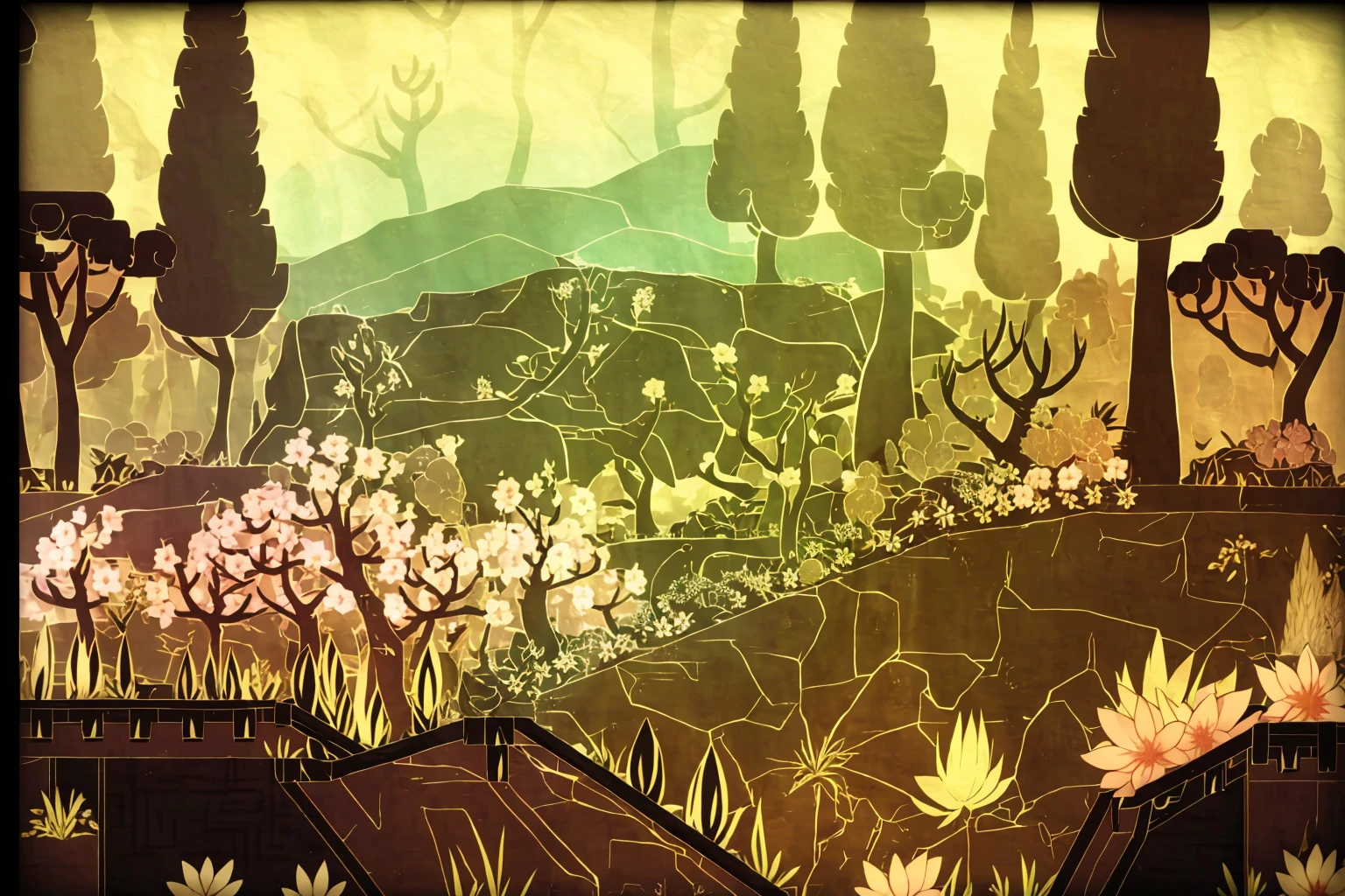 masterpiece, ultra-detailed, best quality, illustration, 8k cg wallpaper, an extremely delicate and beautiful, stunning landscape, forest, trees, bushes, flowers, grass, intricately detailed items in background, <lora:Apotheon:1>
