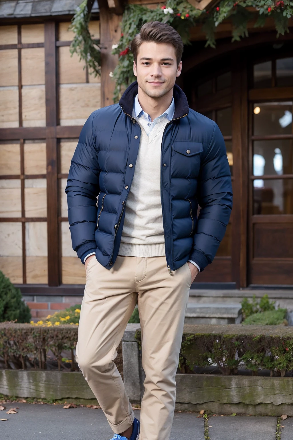 a man wearing Quilted jacket and chinos , castle <lora:fic-Kraig2:1>