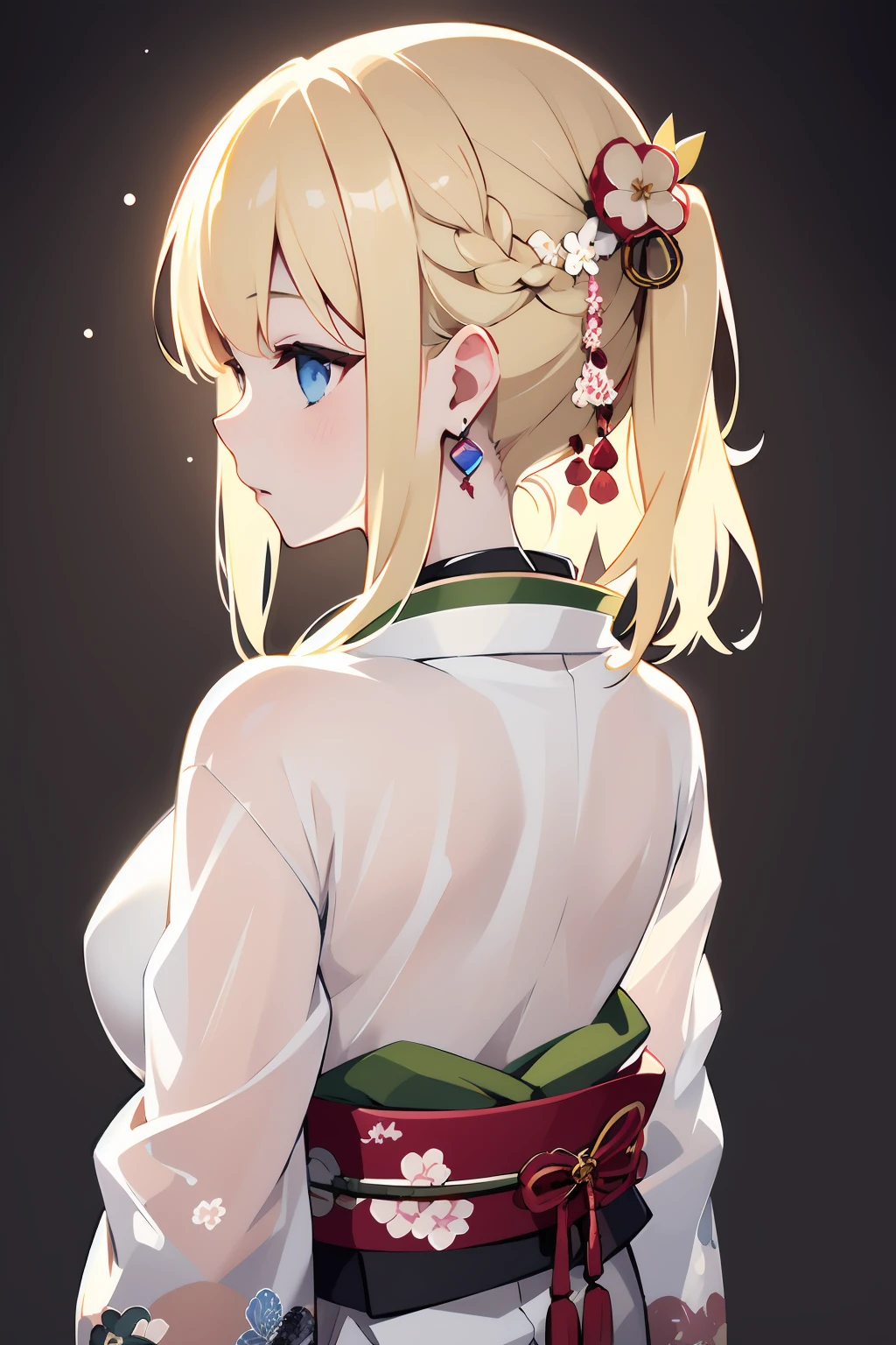 extremely high quality,1girl,(see-through),japanese clothes,solo,blue eyes,hair ornament,blonde hair,earrings,closed mouth,upper body,from_back,floral print,backlighting,<lora:lbc_ST_japanese_clothes:0.8>,
