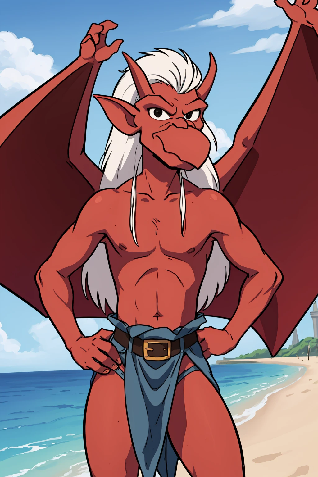 masterpiece, best quality,
1boy, brooklyn, white hair, long hair, black eyes, red skin, belt, gargoyle, loincloth, wings, pointy ears, horns,
tanding, hands on hips, solo, looking at viewer, sea, sand, blue sky, tropical island background <lora:Brooklyn:1>