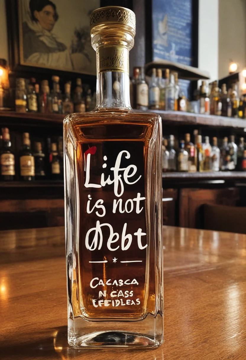a shot of cachaça with the words "life is not only debt" written in the glass