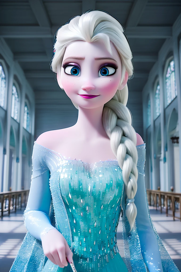 elsa \(frozen\) in the corridor of the library, looking at viewer,smirking,Elsa's Sparkling Blue Dress,upper body,single braid, worm light,<lora:Frozen_elsa_V1_9clothes:1>,upper body,   incredibly absurdres,ultra-detailed, wallpaper,realistic,photorealistic,raw photo,masterpiece,best quality,