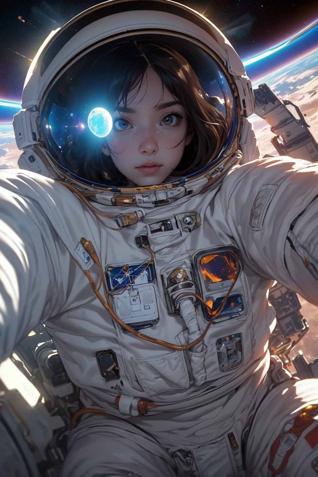 (photographic:1.3), (ultra wide lens:1.3), (close-up:1.3), (selfie shot:1.3), (an astronaut floating on space:1.3), (helmet:1.3), (infinite space behind him:1.3), (no gravity:1.1) <lora:detail_slider_v4:2>