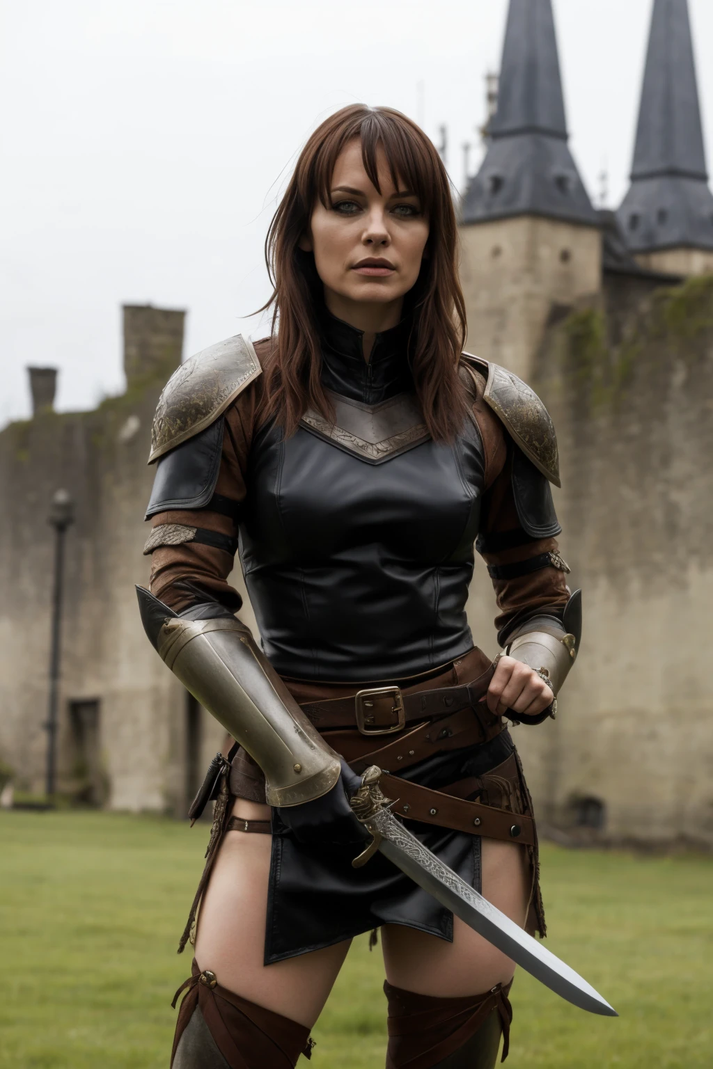 female warrior in leather armor holding a sword, castle background <lora:G0thG1rl_sd15_style:0.6> g0thg1rl