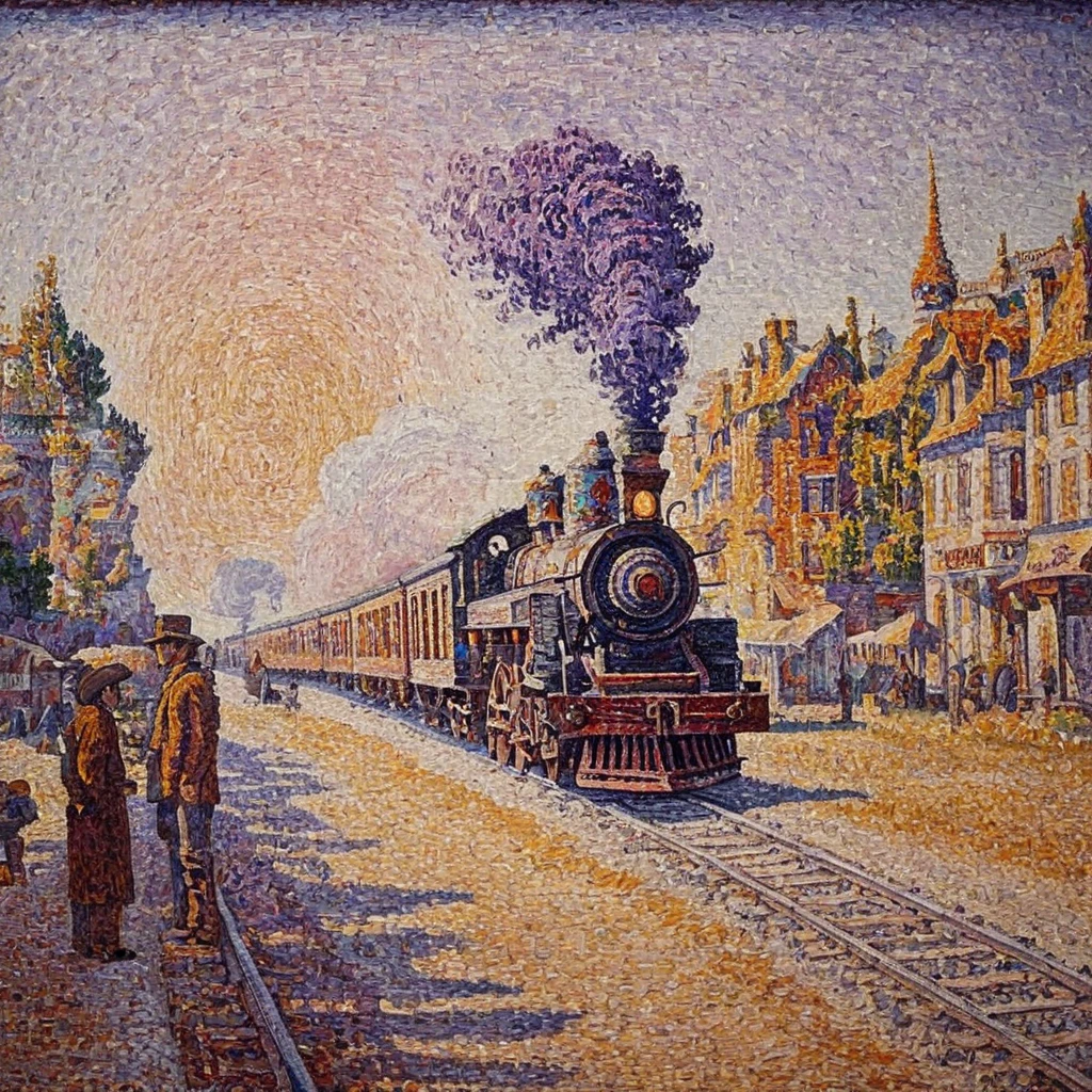 Painting of train in western movie AH_Signac<lora:Paul_Signac_Neo-Impressionist_dotted_paintings_Pointillism:1>