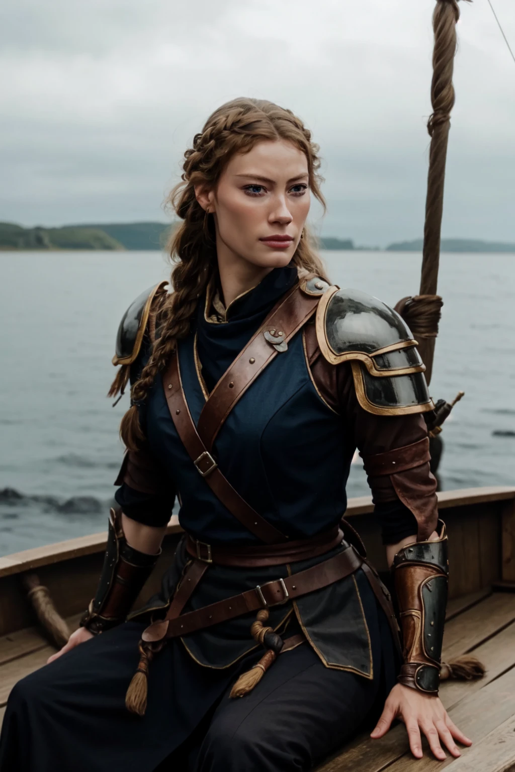 <lora:mondongo_LoRA_AlyssaSutherland:1> mndngwmn, wearing a viking leather armor, leather pauldrons, on a longboat, braids, (ultra realistic, 8k,high quality)
