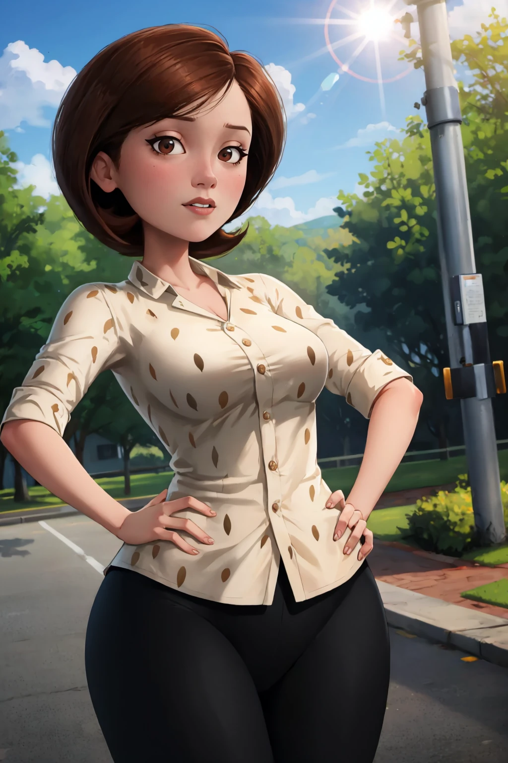 masterpiece, best quality, outdoors, lens flare, depth of field, 1girl, solo, looking at viewer, breasts,  <lora:helenparr-guy-v3:1>, helenparr, polka dot, collared shirt, dress shirt, buttons, black pants, hands on hips