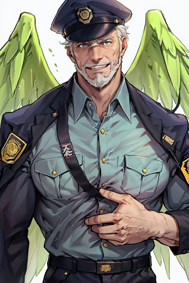 (1 image only),  solo male,  bara,  Hogen,  Tokyo Afterschool Summoners,  Asain,  Japanese,  Tengu,  old man,  white hair,  short hair,  gold eyes,  thick eyebrows,  white facial hair,  white beard,  Japanese police uniform,  Japanese police hat,  pure aqua-color collared shirt,  pure aqua-color sleeves,  (black jacket on shoulders),  grin,  mature,  handsome,  charming,  alluring,  standing,  upper body in frame,  perfect anatomy,  perfect proportions,  2D,  anime,  (best quality,  masterpiece),  (perfect eyes,  perfect eye pupil),  high_resolution,  dutch angle,  (Tokyo city street),  better_hands,  perfect fingers,  green wings, best quality,<lora:EMS-293762-EMS:0.700000>