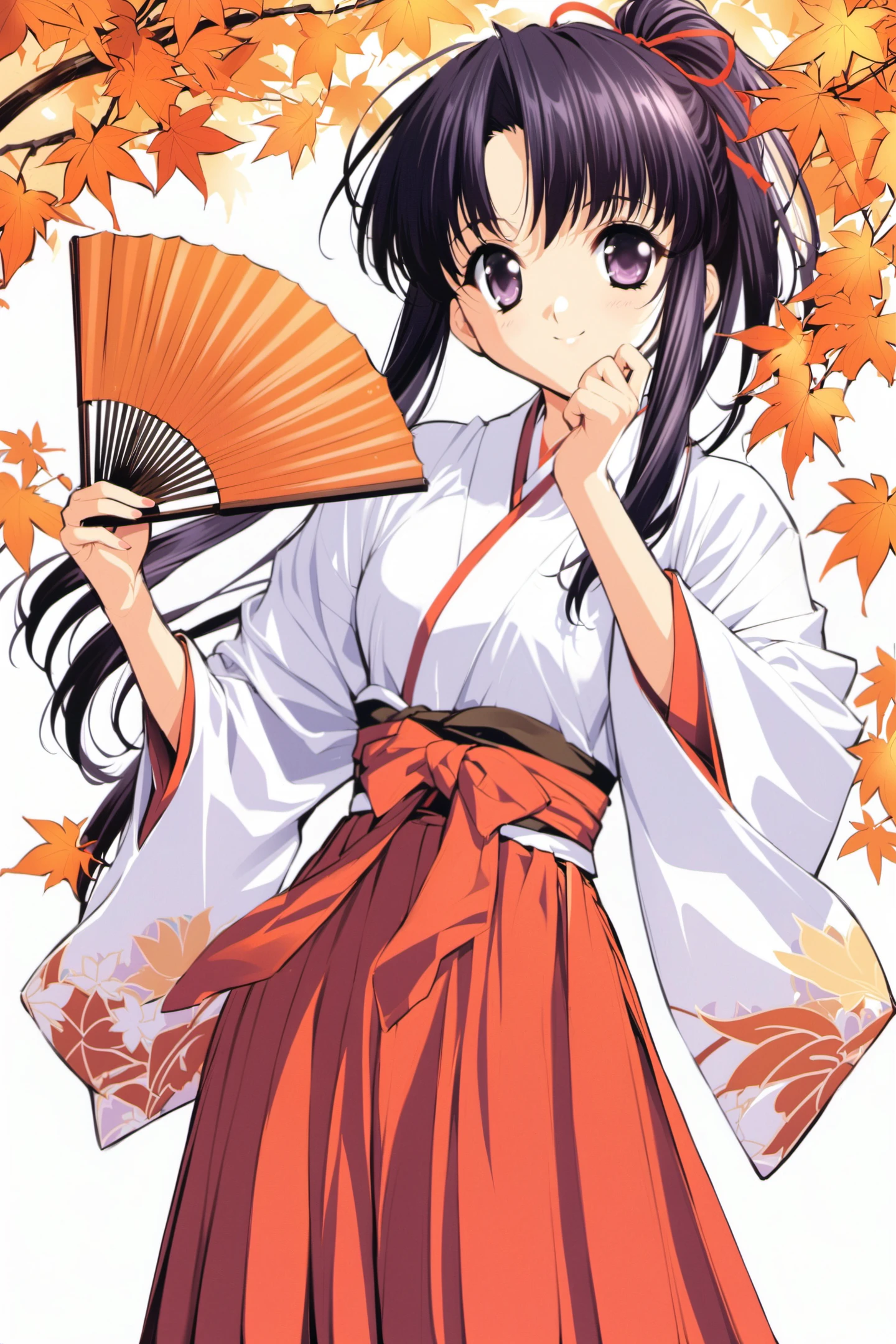 Haruka, 1girl, solo, hand fan, japanese clothes, long hair, miko, folding fan, ponytail, leaf, black hair, red hakama, hakama, hakama skirt, holding, smile, purple eyes, <lora:Naoto Tenhiro_XL:0.8>