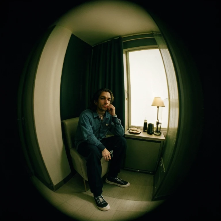 <lora:Fisheye-8mmlensv2:0.45>, fisheye-8mmlens-v2exp, man sitting in a room, studio room, low light, tattoo, bad looking, epiCPhoto, ((kodak gold 200, vintage, film grain))