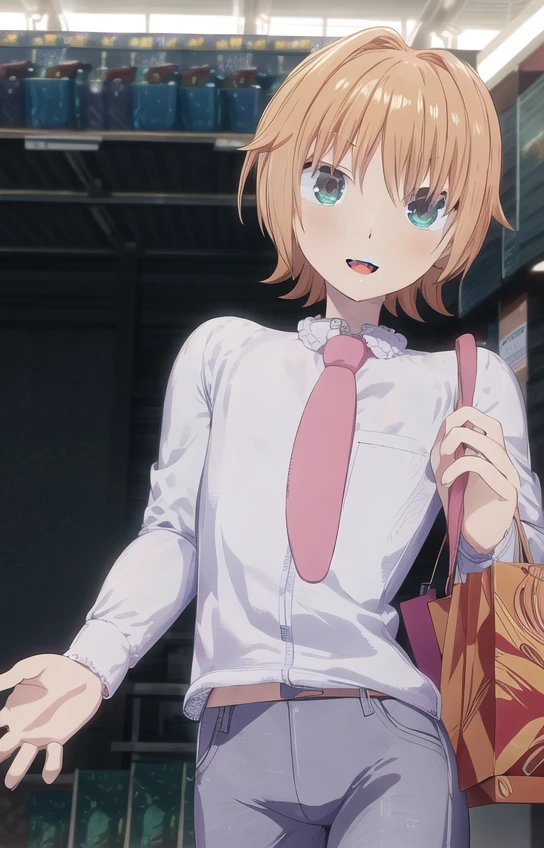 masterpiece, best quality, anime screencap,
1boy, solo, male focus, looking at viewer, :d, (cowboy shot:1.2), facing viewer,
<lora:Senpai_2021_LOCON-10:1> senpaica2021,
(pants:1.1), long sleeves, pink necktie,
walking,
shop, holding shopping bag, shopping,