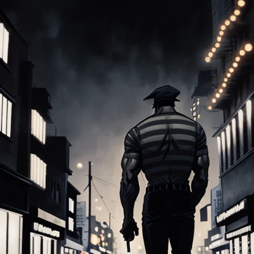 a man standing in the street thegoonstyle <lora:TheGoon_v1-000050:1>