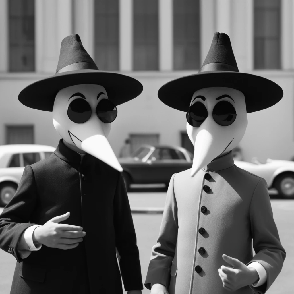 cinematic film still of <lora:spy vs spy style v2:1>
two spy agent in a black and white costume people in hats and coats are talking,smile,simple background,hat,standing,monochrome,male focus,multiple boys,teeth,2boys,grin,looking at another,witch hat,crossed arms,sunglasses,crossover , comic strip, two agents, agent, stereotypical, comical espionage activities, dressed in white, dressed in black, identical, beaklike heads, long beaklike heads, white pupils and black sclera, booby traps, parody, spy vs spy style, Mad magazine style, shallow depth of field, vignette, highly detailed, high budget, bokeh, cinemascope, moody, epic, gorgeous, film grain, grainy