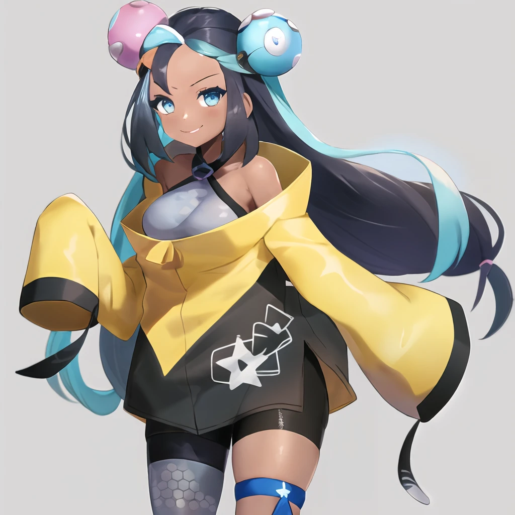 masterpiece, best quality, highly detailed, 1girl, solo, <lora:nessa_pokemon:0.7> (nessa_pokemon:1.3),
dark-skinned female, dark skin, blue eyes, aqua eyes, long hair, black hair, blue hair, aqua hair, multicolored hair, two-tone hair, hair bun, single hair bun, eyeshadow, seductive smile,
simple background, cowboy shot,
<lora:team_galactic_grunt_outfit-10:1> (team_galactic_grunt_outfit:1.4), uniform, dress, short dress, boots, grey boots, knee boots, grey footwear, pantyhose, long sleeves, bodysuit under clothes, bodysuit, grey bodysuit, high collar