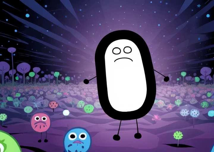 dswants, pill shape, sad face, cartoon character, stick and dot arms, in a trippy lsd background, sense of awe, <lora:Dogshitter_Wants:0.8>