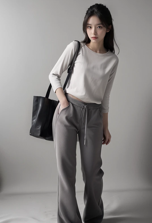 realism,best quality,masterpiece,realistic,highres,absurdres,realistic,masterpiece,Highly detailed,Professional,<lora:kuzi_20240215162242-000007:0.9>,Gray pants,bell bottoms,plush material,white T-shirt,simple background,