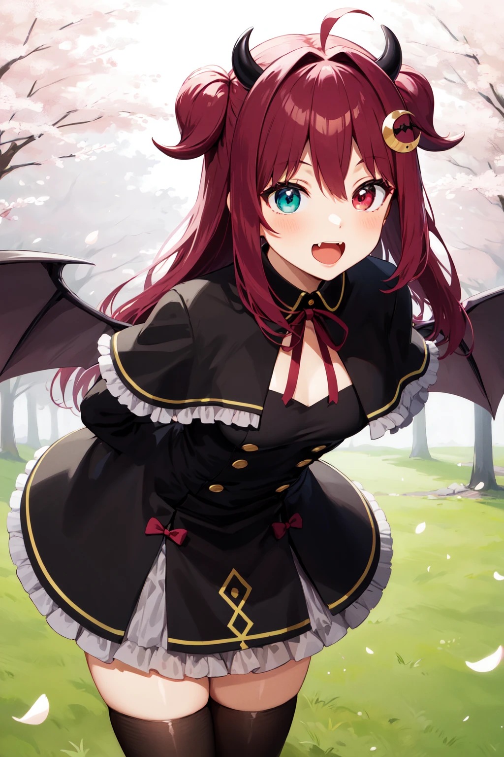 masterpiece, best quality, highres, aaroa, long hair, two side up, ahoge, hair ornament, horns, heterochromia, fang, wings, small breasts, neck ribbon, frilled capelet, black capelet, black dress, long sleeves, black thighhighs, <lora:yuzuki_roa_v1:0.7>, arms behind back, leaning forward, smile, open mouth, outdoors, cherry blossoms,