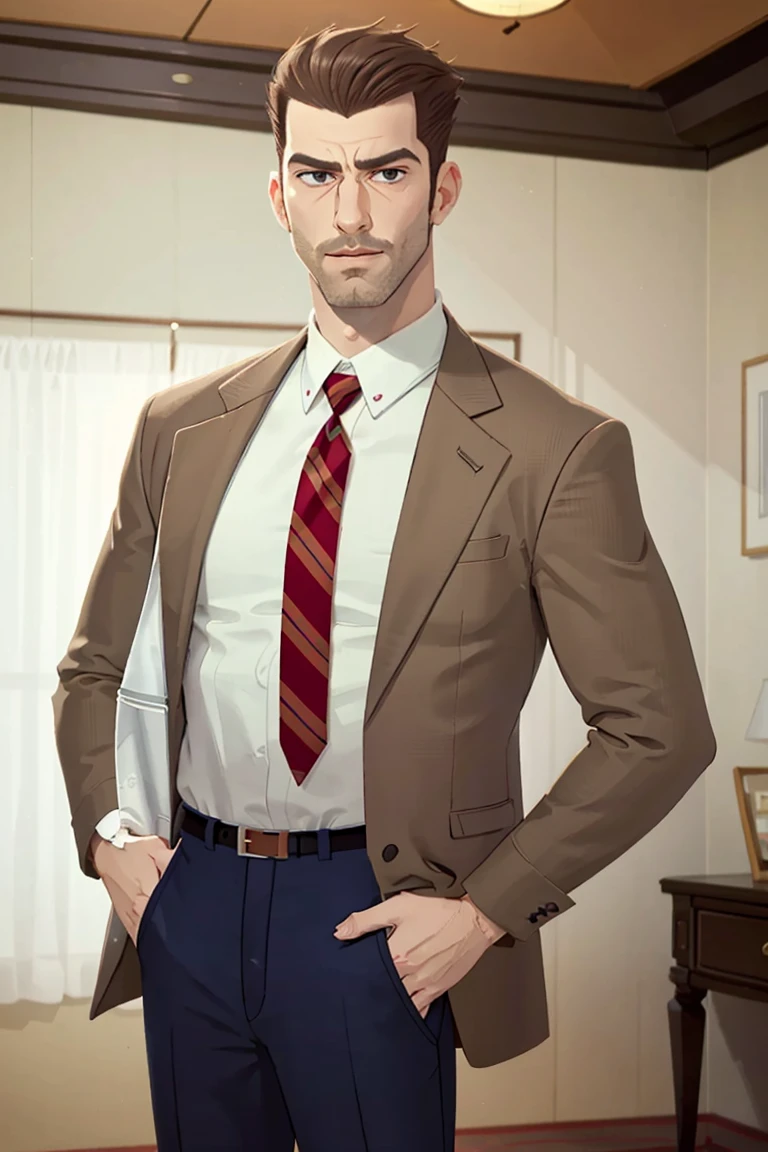 (1 image only),  solo male,  bara,  Chase Devineaux,  French,  detective,  brown hair,  short hair,  hair slicked back,  brown eyes,  sideburns,  facial hair,  broad stubble,  white collared shirt,  striped brown/red necktie,  pure brown suit jacket,  pants,  mature,  handsome,  charming,  alluring,  standing,  upper body,  perfect anatomy,  perfect proportions,  2D,  anime,  (best quality,  masterpiece),  (perfect eyes,  perfect eye pupil),  high_resolution,  dutch angle,  perfect hands,<lora:EMS-294140-EMS:0.800000>