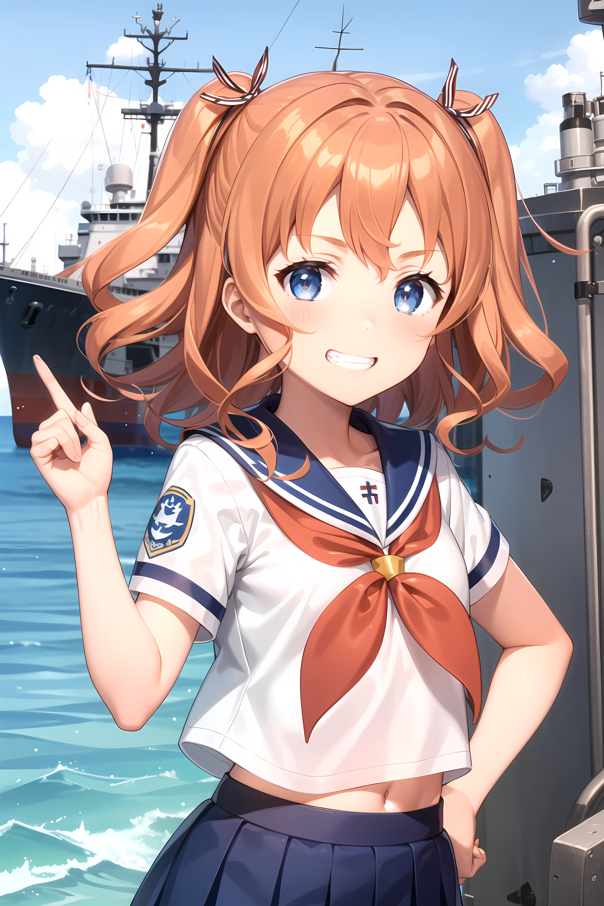 best quality, masterpiece, detailed,
<lora:HighSchoolFleet_YanagiwaraMaron:0.8>, YanagiwaraMaron,
1girl, grin,
orange hair, blue eyes, two side up, hair ribbon, wavy hair,
serafuku, sailor collar, white shirt, blue skirt, red neckerchief, short sleeves,
standing, looking at viewer,
ocean, (ship, military vehicle:1.2)