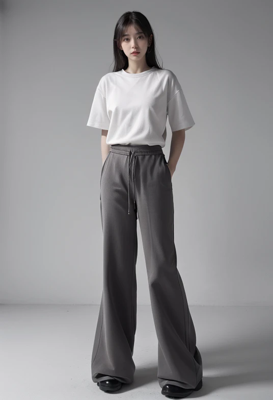 realism,best quality,masterpiece,realistic,highres,absurdres,realistic,masterpiece,Highly detailed,Professional,<lora:kuzi_20240215162242-000007:0.9>,Gray pants,bell bottoms,plush material,white T-shirt,simple background,