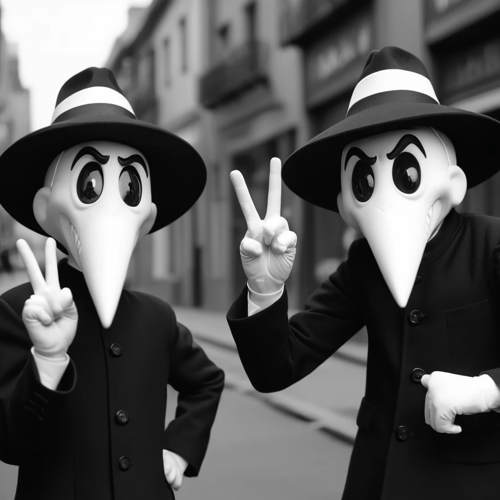 cinematic film still of <lora:spy vs spy style v2:1>
a cartoon of a spy agent in black costume putting fingers in their ears while smiling outdoors in city streets,1girl,1boy,hat,monochrome,greyscale,teeth,skeleton , comic strip, two agents, agent, stereotypical, comical espionage activities, dressed in white, dressed in black, identical, beaklike heads, long beaklike heads, white pupils and black sclera, booby traps, parody, spy vs spy style, Mad magazine style, shallow depth of field, vignette, highly detailed, high budget, bokeh, cinemascope, moody, epic, gorgeous, film grain, grainy