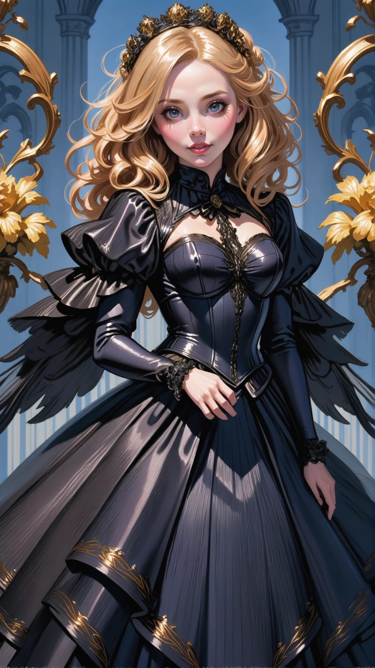 1girl, woman, (tactile C-Pop:1.3) cute angel, [:revealing, revealing costume design,:0.2], bombshell hair, gold hair, Choppy Layers, toned body, athletic build, narrow waist, wide hips, small breasts, caucasian, victorian ballroom dress, blush, naughty smile, mouth closed, Sky Castle Domain<lora:EnvyBetterHiresFixXL01:0@0,0@.49,1@.5:hr=1><lora:EnvyBallroomDressXL02:1>